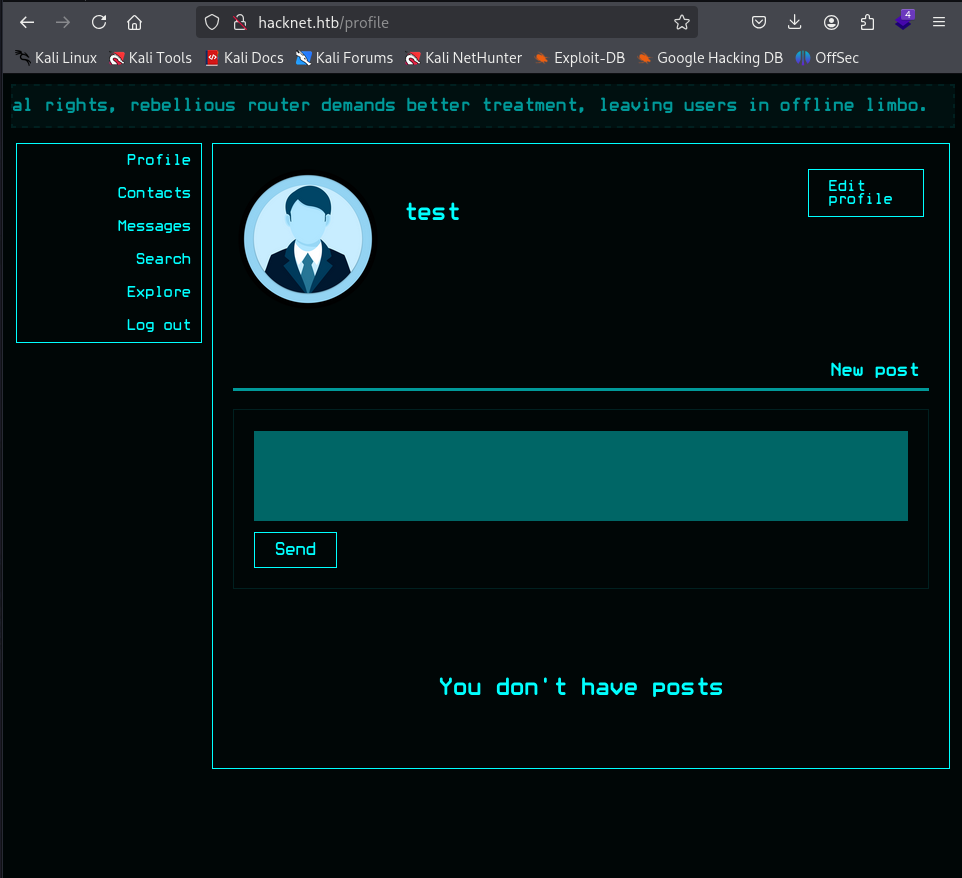 Logged in as the test user